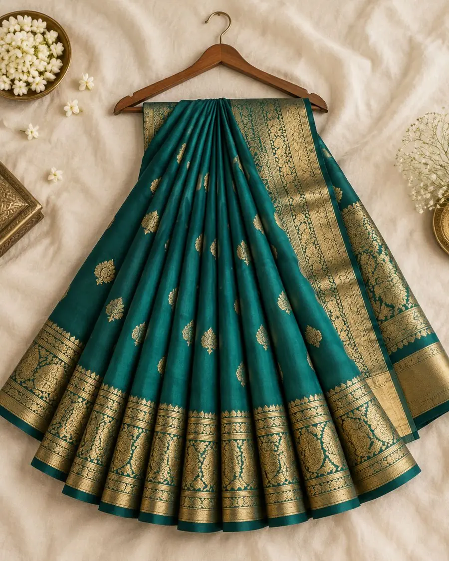Teal and gold silk saree with neatly arranged pleats on a wooden hanger